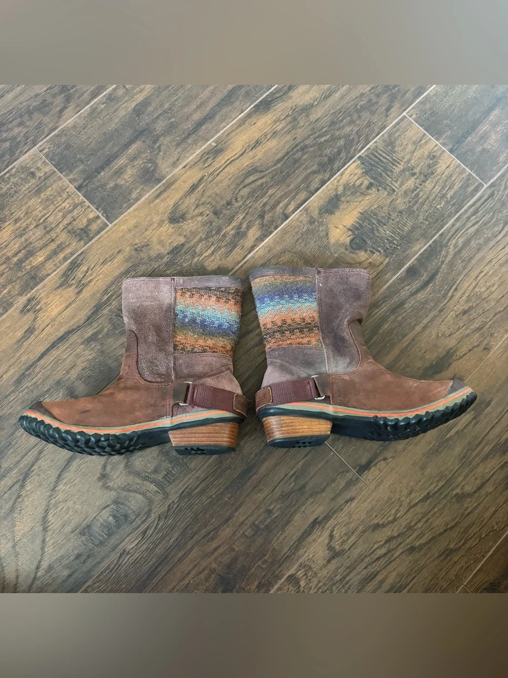 SOREL Slimshortie Madder Blanket Brown Leather Nubuck Boots Size 6